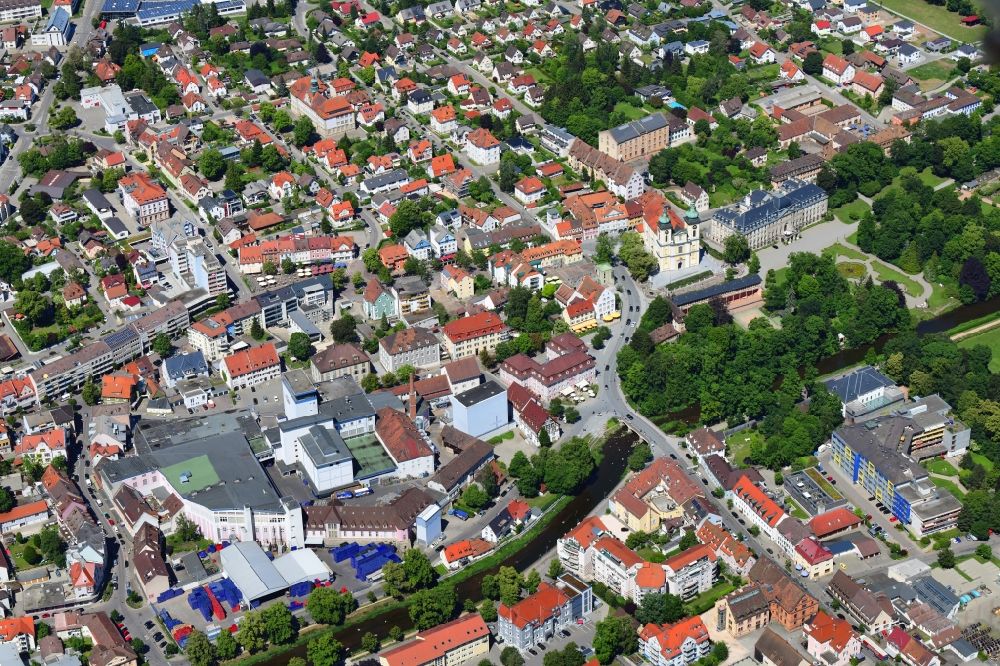 Donaueschingen from above - Building and production halls on the premises of the brewery Fuerstenberg - Brauerei in Donaueschingen in the state Baden-Wuerttemberg, Germany