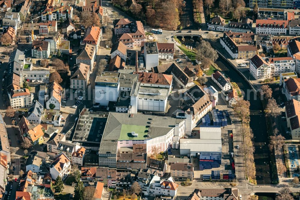 Donaueschingen from above - Building and production halls on the premises of the brewery Fuerstenberg - Brauerei in Donaueschingen in the state Baden-Wuerttemberg, Germany