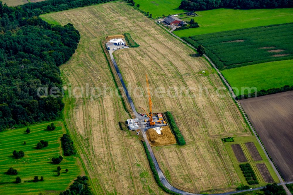 Datteln from above - Construction site for the construction of a steel and concrete foundation in a circular shape as a base for the installation of a WEA wind turbine - wind turbine in Datteln at Ruhrgebiet in the state North Rhine-Westphalia, Germany