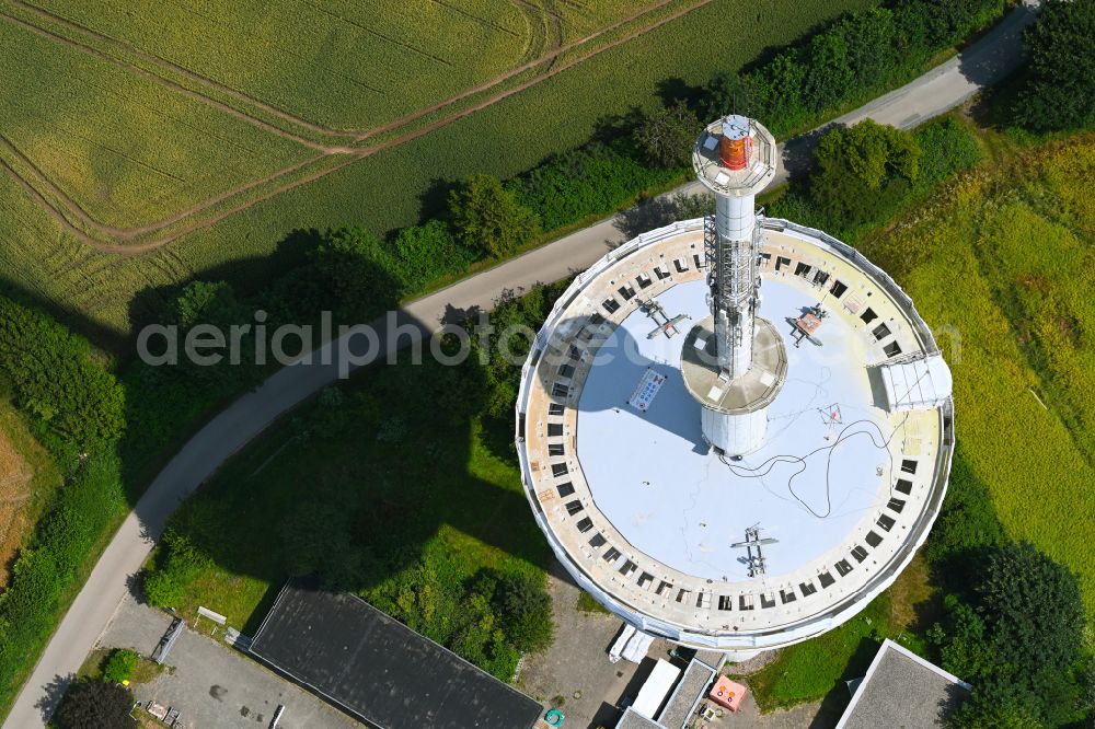 Kleinwolstrup from above - Funkturm and transmission system as basic network transmitter Sendeturm Freienwill on street Am Sender in Kleinwolstrup in the state Schleswig-Holstein, Germany