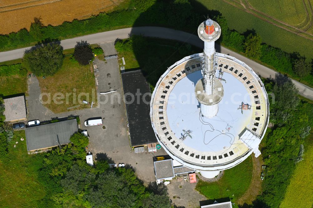 Kleinwolstrup from the bird's eye view: Funkturm and transmission system as basic network transmitter Sendeturm Freienwill on street Am Sender in Kleinwolstrup in the state Schleswig-Holstein, Germany