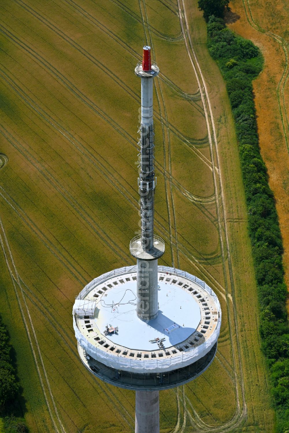Kleinwolstrup from above - Funkturm and transmission system as basic network transmitter Sendeturm Freienwill on street Am Sender in Kleinwolstrup in the state Schleswig-Holstein, Germany