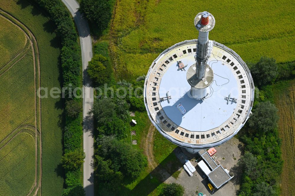 Kleinwolstrup from the bird's eye view: Funkturm and transmission system as basic network transmitter Sendeturm Freienwill on street Am Sender in Kleinwolstrup in the state Schleswig-Holstein, Germany