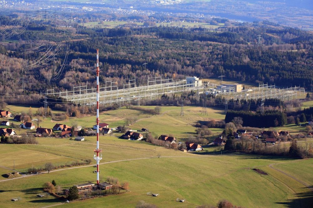 Rickenbach from the bird's eye view: Radio tower and transmitter on the plateau of the mountain rangeHotzenwald at Bergalingen, Jungholz and the transformer Station Kuehmoos of Schluchseewerk AG in Rickenbach in the state Baden-Wurttemberg, Germany