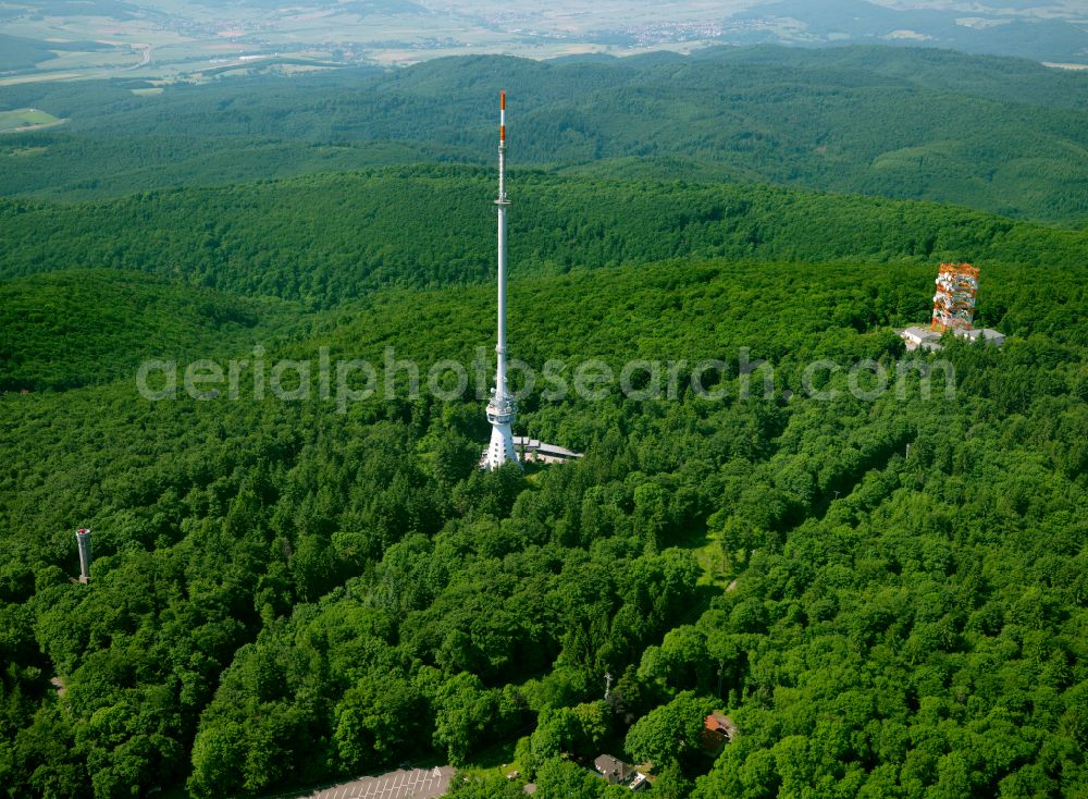 Dannenfels from above - Radio tower and transmitter on the crest of the mountain range Donnersberg in Dannenfels in the state Rhineland-Palatinate, Germany