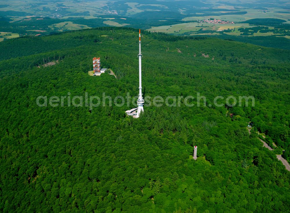 Dannenfels from the bird's eye view: Radio tower and transmitter on the crest of the mountain range Donnersberg in Dannenfels in the state Rhineland-Palatinate, Germany