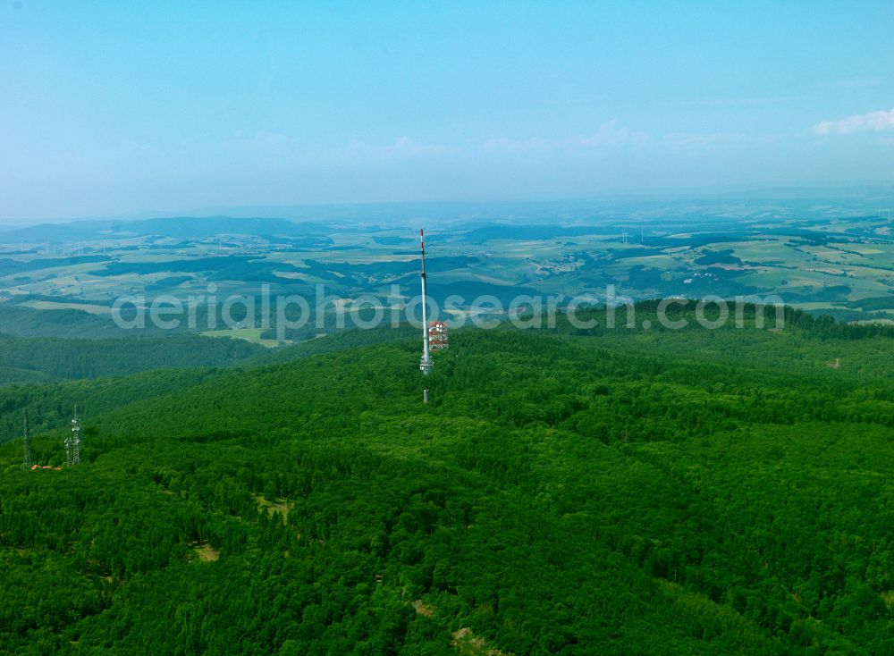 Dannenfels from the bird's eye view: Radio tower and transmitter on the crest of the mountain range Donnersberg in Dannenfels in the state Rhineland-Palatinate, Germany