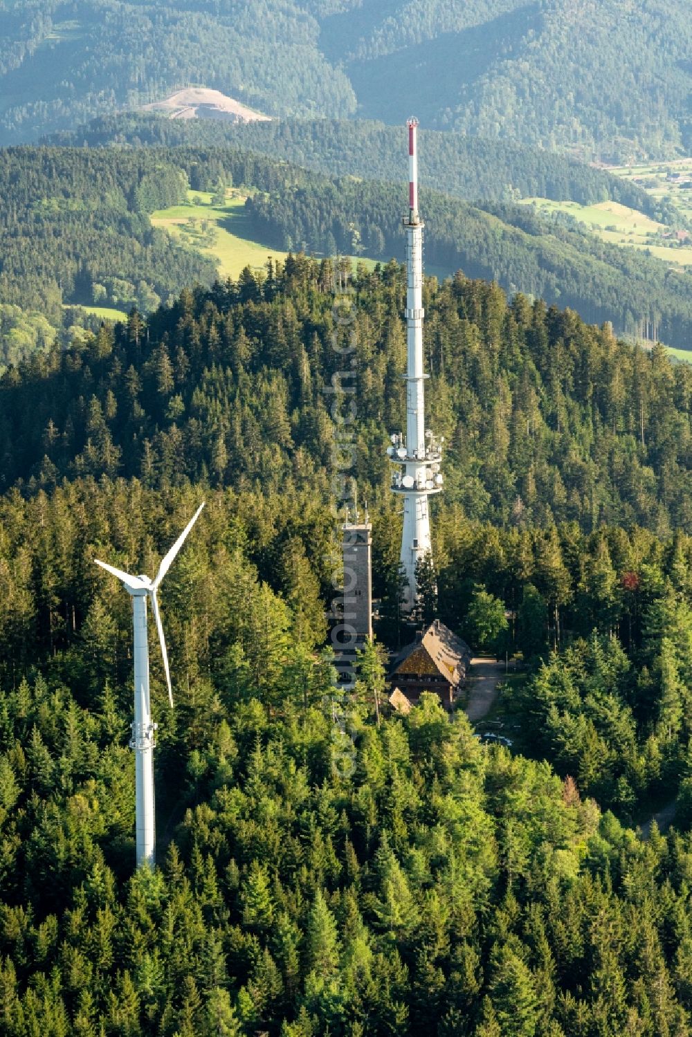 Aerial image Oberharmersbach - Radio tower and transmitter on the crest of the mountain range Am Brandenkopf in Oberharmersbach in the state Baden-Wuerttemberg, Germany
