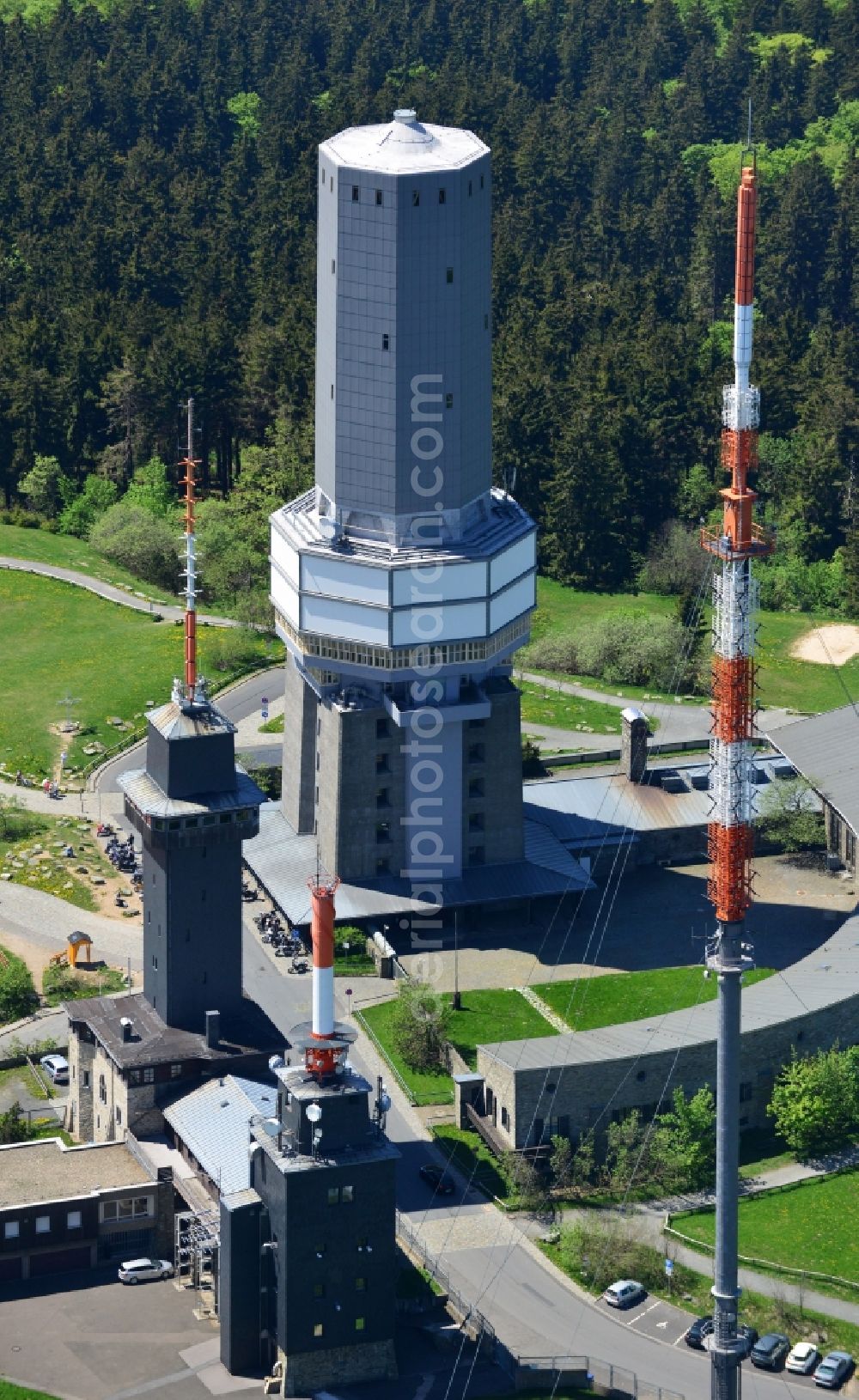 Aerial image Schmitten - Radio tower and transmitter on the crest of the mountain range Grosser Feldberg in Schmitten in the state Hesse