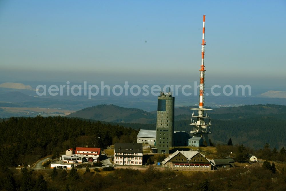 Kurort Brotterode from the bird's eye view: Radio tower and transmitter on the crest of the mountain range Grosser Inselsberg in Kurort Brotterode in the state Thuringia, Germany