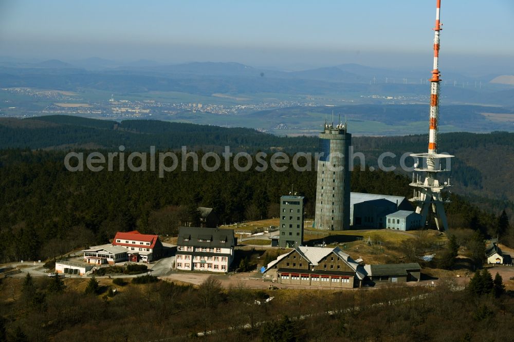 Aerial image Kurort Brotterode - Radio tower and transmitter on the crest of the mountain range Grosser Inselsberg in Kurort Brotterode in the state Thuringia, Germany