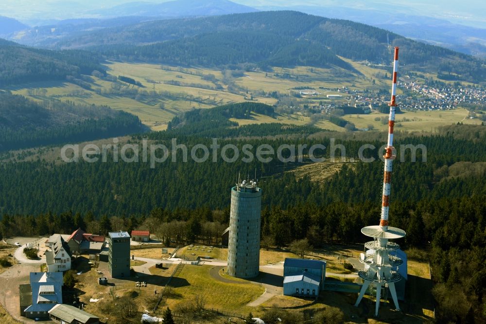 Kurort Brotterode from above - Radio tower and transmitter on the crest of the mountain range Grosser Inselsberg in Kurort Brotterode in the state Thuringia, Germany