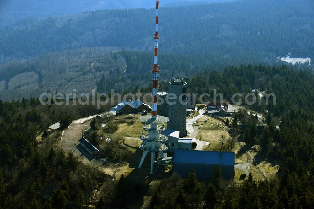 Kurort Brotterode from above - Radio tower and transmitter on the crest of the mountain range Grosser Inselsberg in Kurort Brotterode in the state Thuringia, Germany