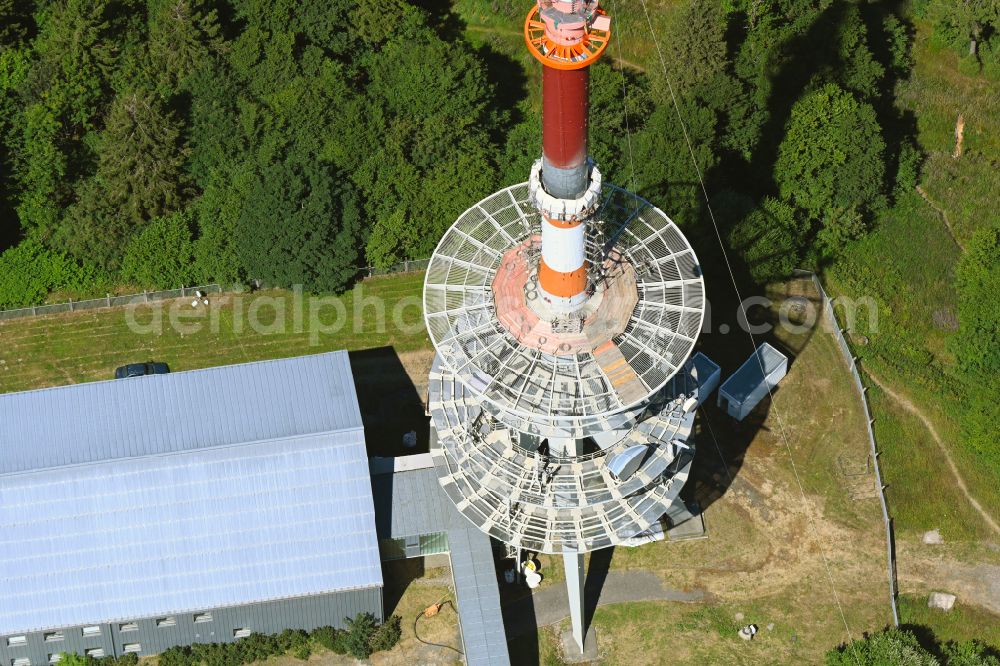 Brotterode from above - Radio tower and transmitter on the crest of the mountain range Grosser Inselsberg in Kurort Brotterode in the state Thuringia, Germany