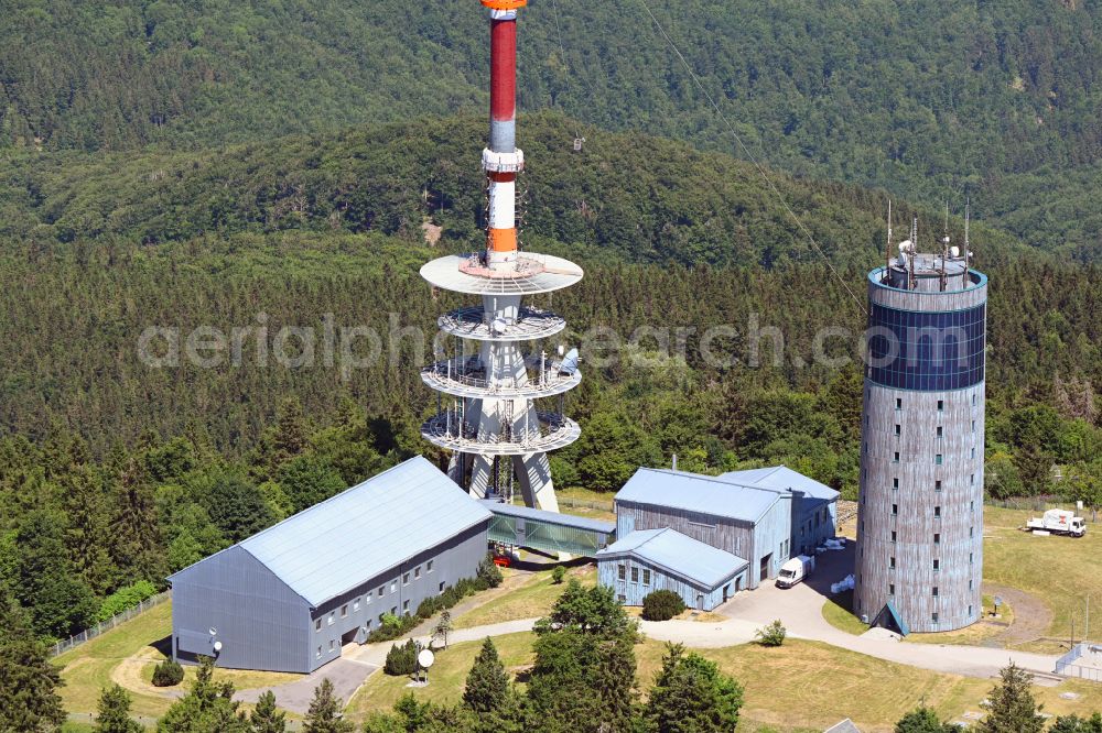 Aerial image Brotterode - Radio tower and transmitter on the crest of the mountain range Grosser Inselsberg in Kurort Brotterode in the state Thuringia, Germany