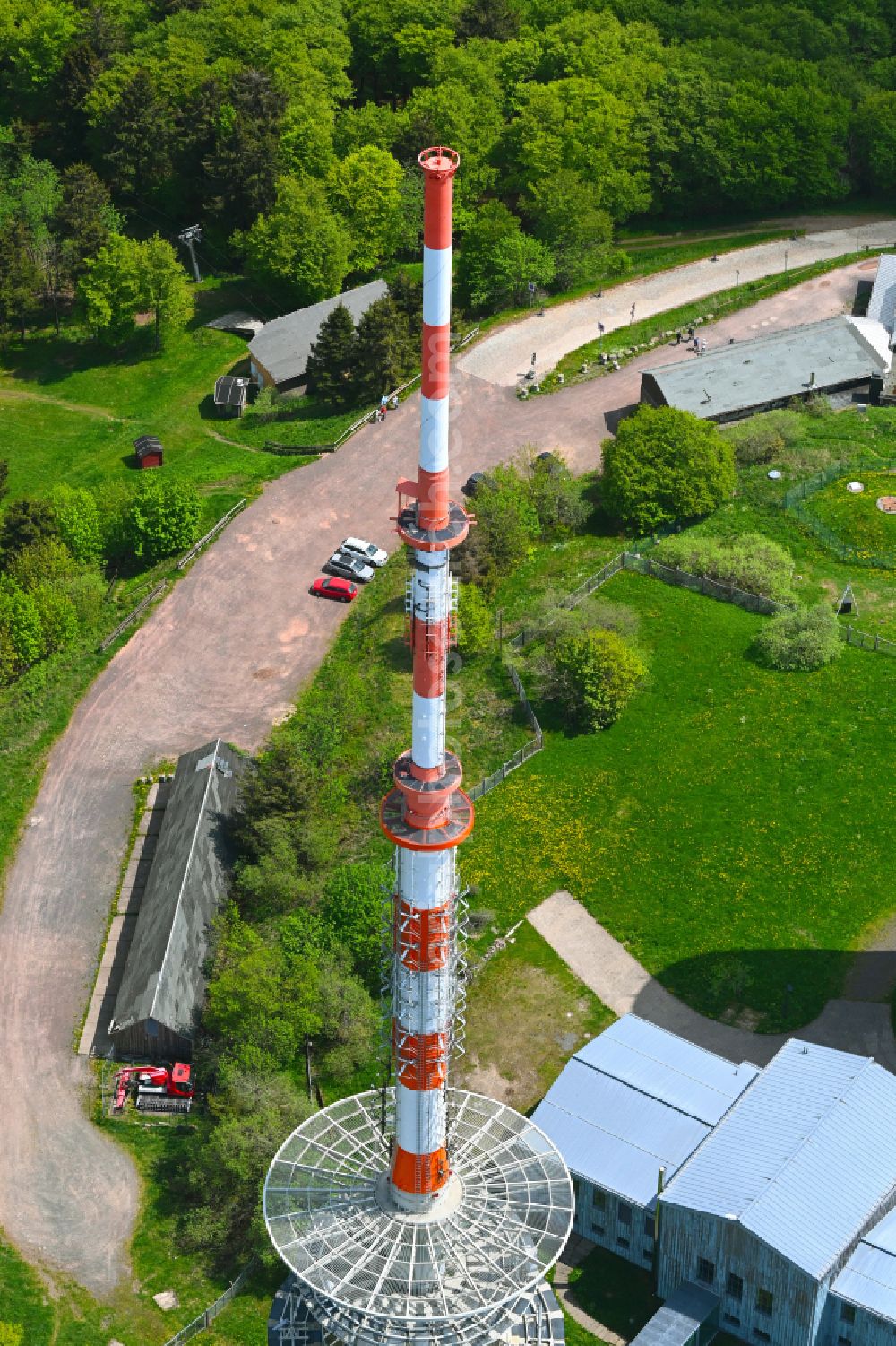 Brotterode from the bird's eye view: Radio tower and transmitter on the crest of the mountain range Grosser Inselsberg in Kurort Brotterode in the state Thuringia, Germany