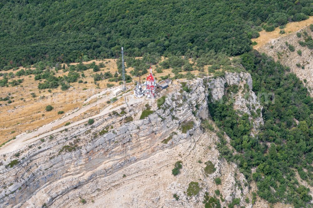 Aerial image Montclus - Radio tower and transmitter on the crest of the mountain range in Montclus in Provence-Alpes-Cote d'Azur, France