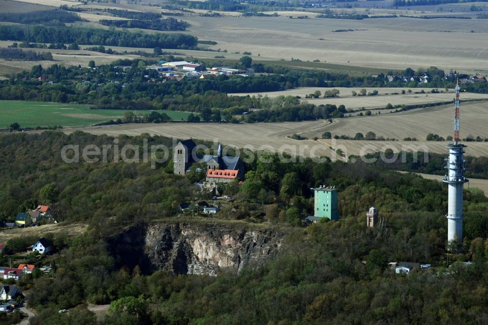 Petersberg from above - Radio tower and transmitter on the crest of the mountain range Petersberg in Petersberg in the state Saxony-Anhalt, Germany