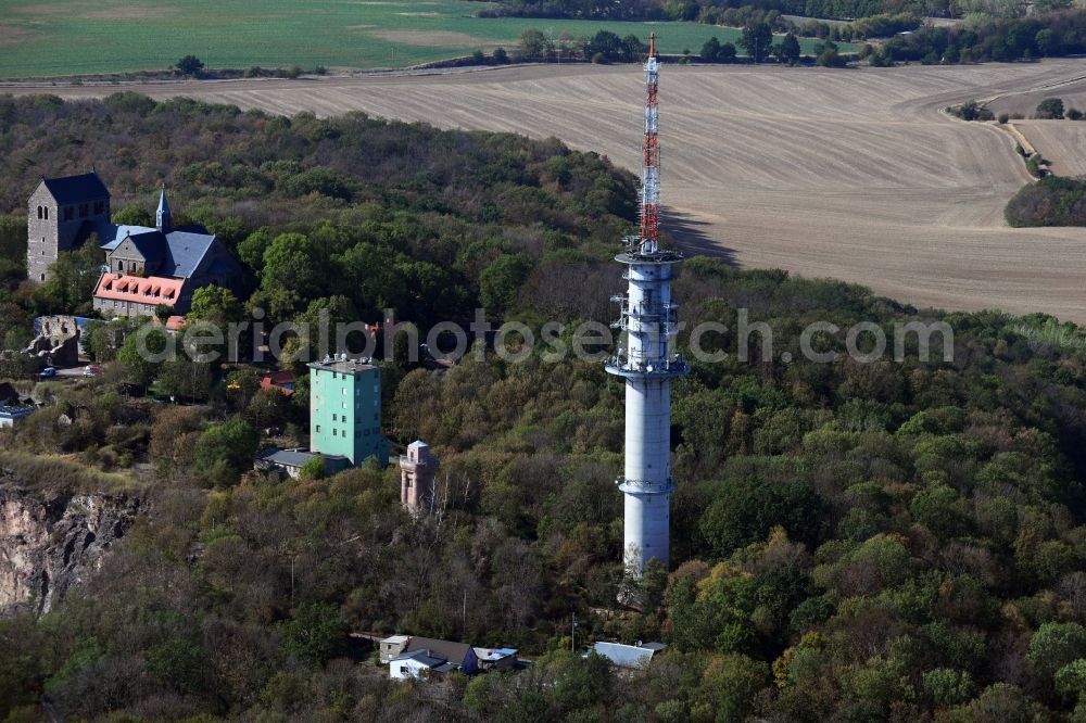 Petersberg from the bird's eye view: Radio tower and transmitter on the crest of the mountain range Petersberg in Petersberg in the state Saxony-Anhalt, Germany