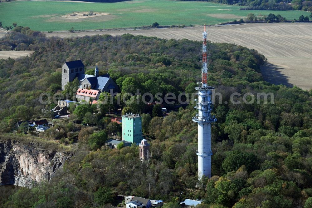 Aerial image Petersberg - Radio tower and transmitter on the crest of the mountain range Petersberg in Petersberg in the state Saxony-Anhalt, Germany