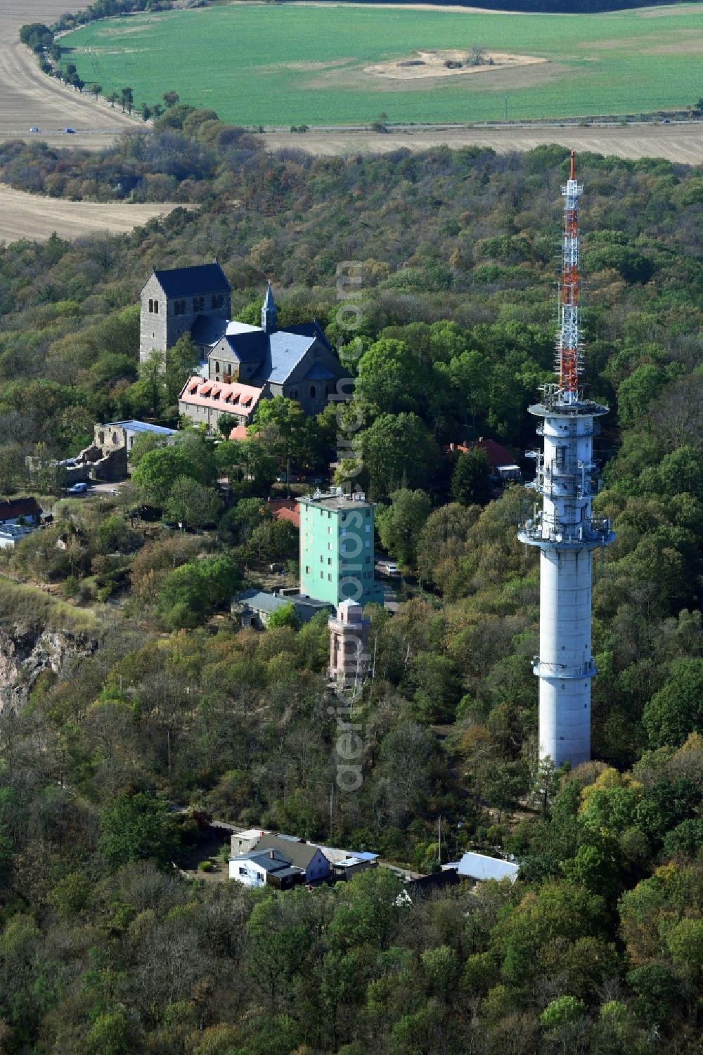 Petersberg from above - Radio tower and transmitter on the crest of the mountain range Petersberg in Petersberg in the state Saxony-Anhalt, Germany