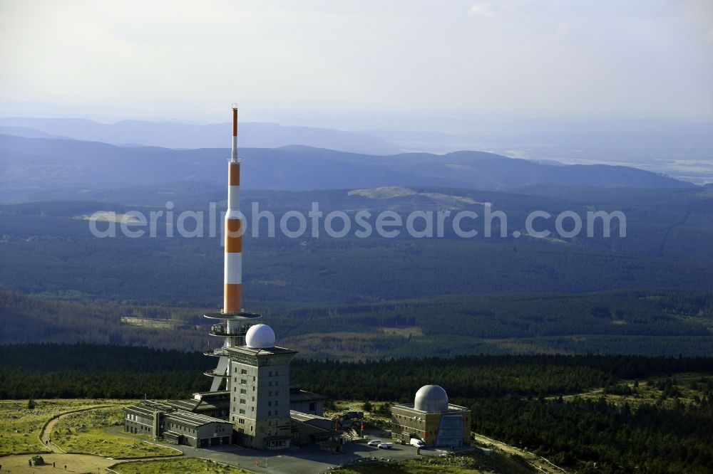Schierke from the bird's eye view: Radio tower and transmitter on the crest of the mountain range Brocken in Harz in Schierke in the state Saxony-Anhalt, Germany