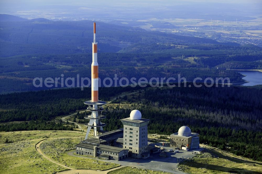 Aerial image Schierke - Radio tower and transmitter on the crest of the mountain range Brocken in Harz in Schierke in the state Saxony-Anhalt, Germany
