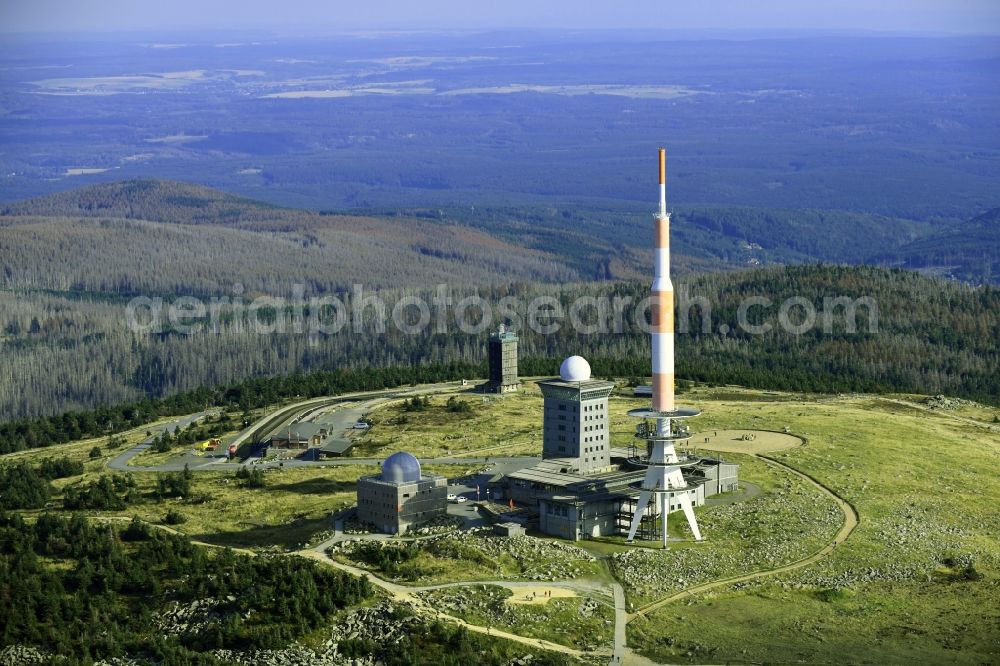 Aerial photograph Schierke - Radio tower and transmitter on the crest of the mountain range Brocken in Harz in Schierke in the state Saxony-Anhalt, Germany