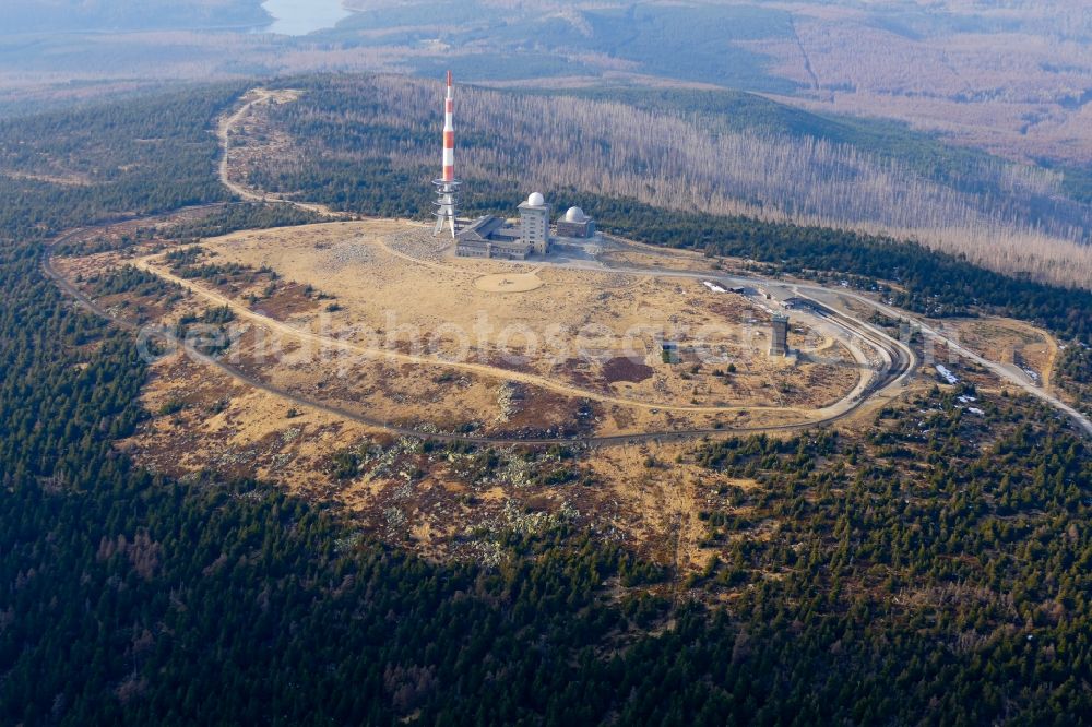Schierke from above - Radio tower and transmitter on the crest of the mountain range Brocken in Harz in Schierke in the state Saxony-Anhalt, Germany