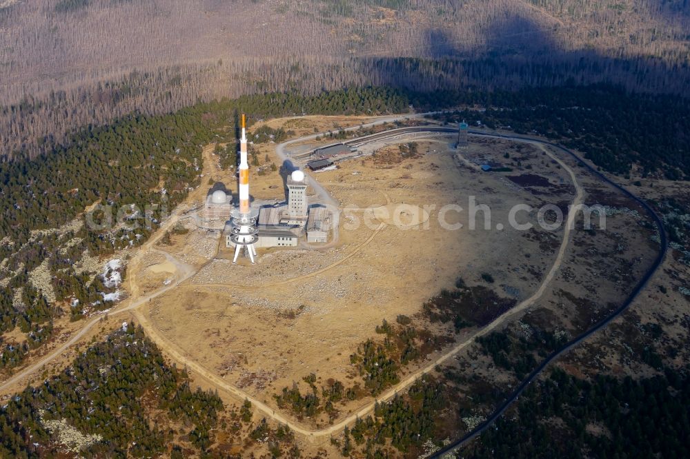 Aerial image Schierke - Radio tower and transmitter on the crest of the mountain range Brocken in Harz in Schierke in the state Saxony-Anhalt, Germany