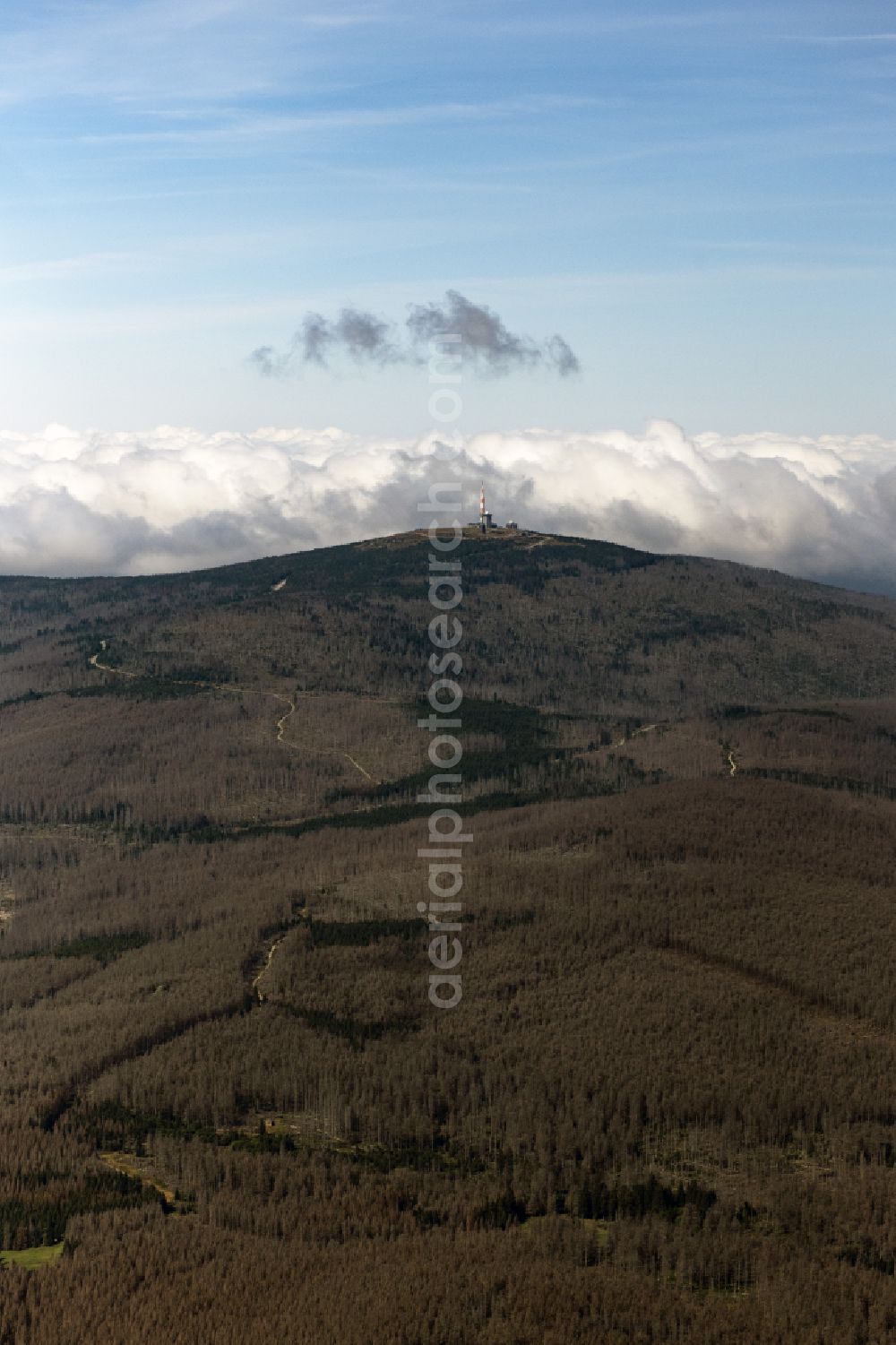 Aerial image Schierke - radio tower and transmitter on the crest of the mountain range Brocken in Harz in Schierke in the state Saxony-Anhalt, Germany