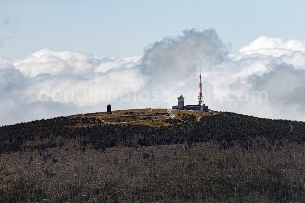Schierke from above - radio tower and transmitter on the crest of the mountain range Brocken in Harz in Schierke in the state Saxony-Anhalt, Germany