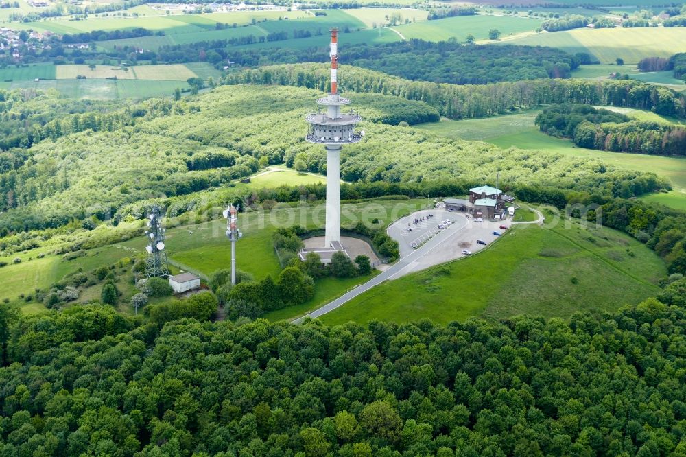 Aerial image Lügde - Radio tower and transmitter on the crest of the mountain Koeterberg in Luegde in the state North Rhine-Westphalia, Germany