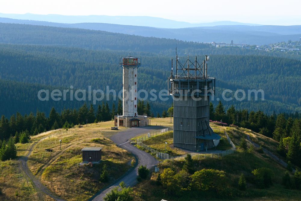Aerial photograph Gehlberg - Radio tower and transmitter on the crest of the mountain range Schneekopfturm in Gehlberg in the Thuringian Forest in the state Thuringia, Germany