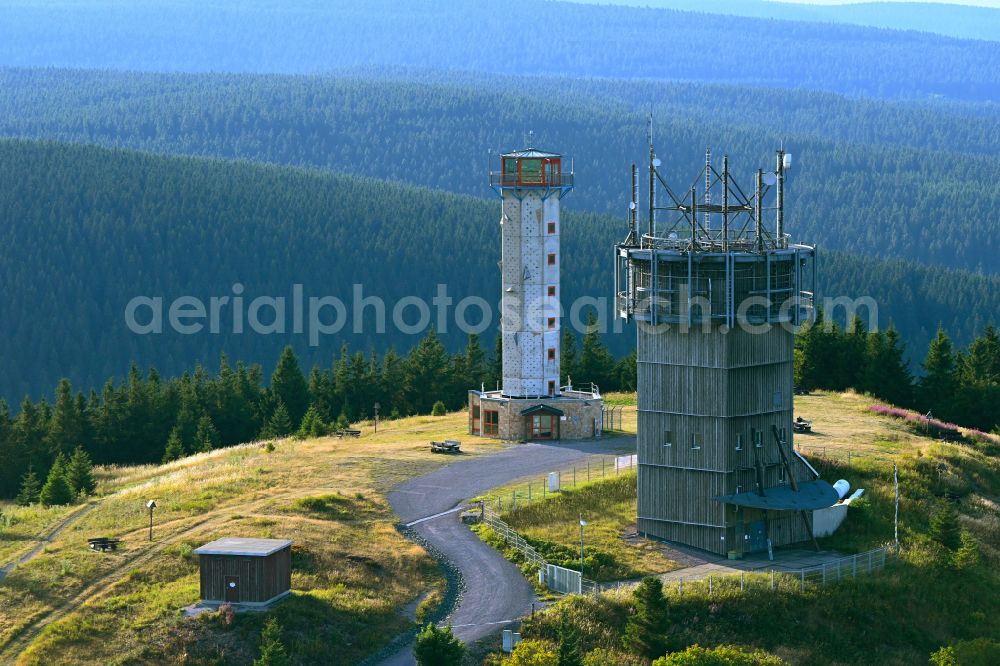 Gehlberg from above - Radio tower and transmitter on the crest of the mountain range Schneekopfturm in Gehlberg in the Thuringian Forest in the state Thuringia, Germany