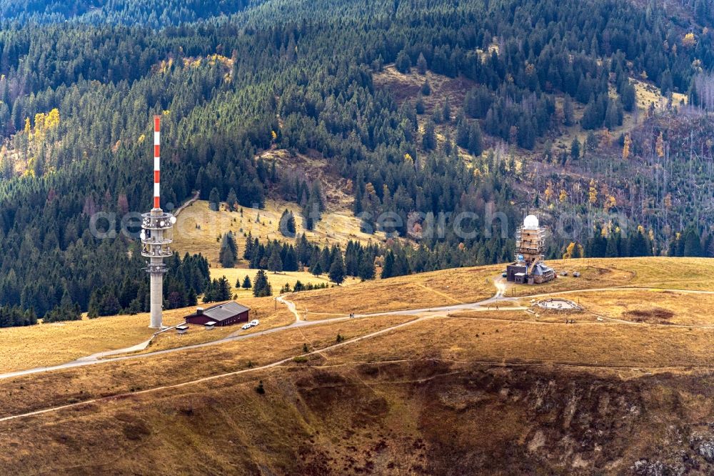 Feldberg (Schwarzwald) from above - Landscape at the radio tower and transmitters on the crest of the mountain Feldberg (Schwarzwald) in the Black Forest in the state Baden-Wurttemberg. Clear view to the Swiss Alps