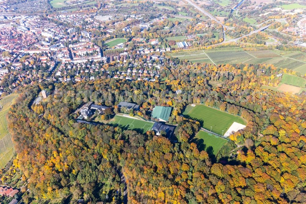 Karlsruhe from the bird's eye view: Sports grounds and football pitch of Sportschule Schoeneck - national soccer training center on the Turmberg in the district Durlach in Karlsruhe in the state Baden-Wuerttemberg