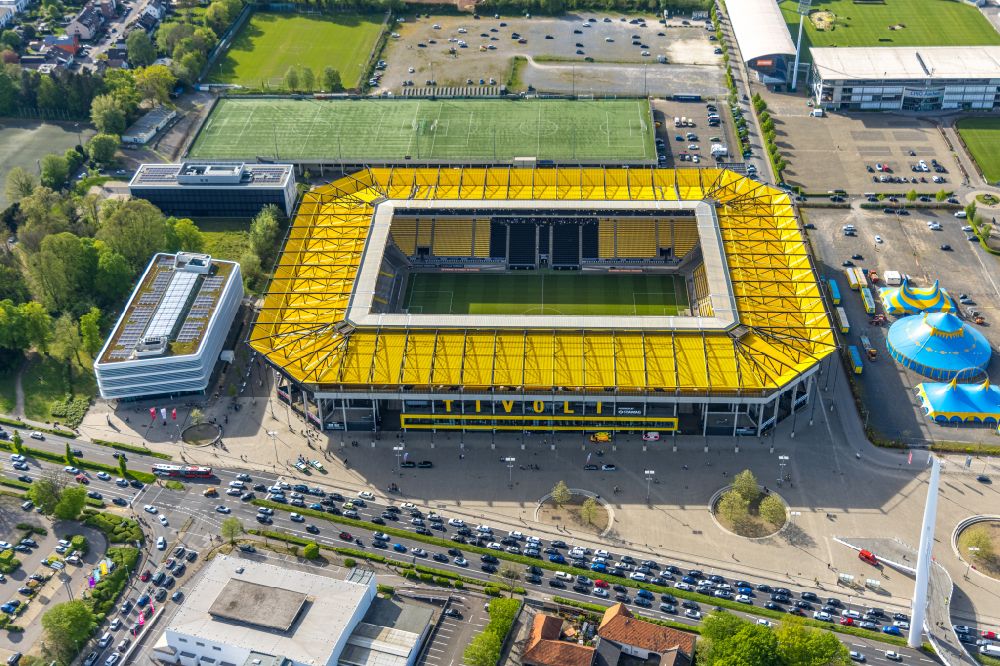 Aachen from above - Football stadium tivoli of the football club TSV Alemannia Aachen GmbH on the Am Sportpark Soers in Aachen in the state North Rhine-Westphalia, Germany