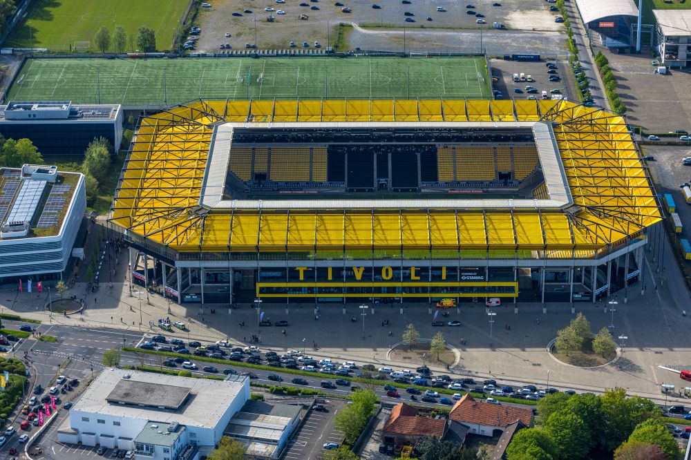 Aachen from above - Football stadium tivoli of the football club TSV Alemannia Aachen GmbH on the Am Sportpark Soers in Aachen in the state North Rhine-Westphalia, Germany