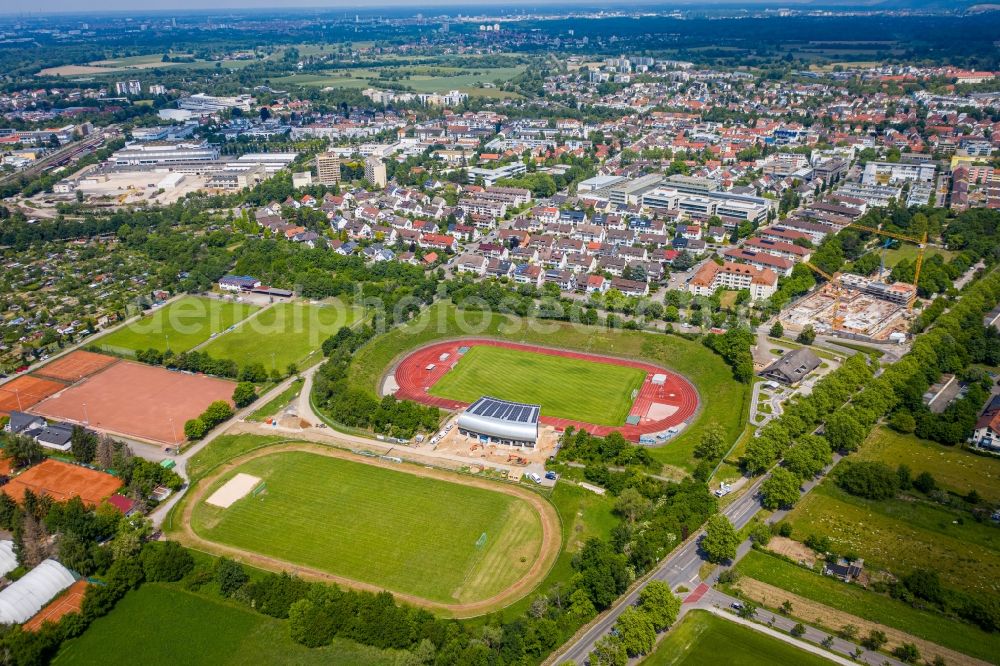 Ettlingen from above - Football stadium in Ettlingen in the state Baden-Wuerttemberg, Germany