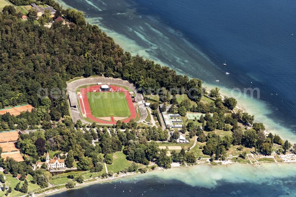 Aerial image Konstanz - Football stadium Bodenseestadion and in Vordergrand das Schloss Seehein in Konstanz in the state Baden-Wuerttemberg, Germany