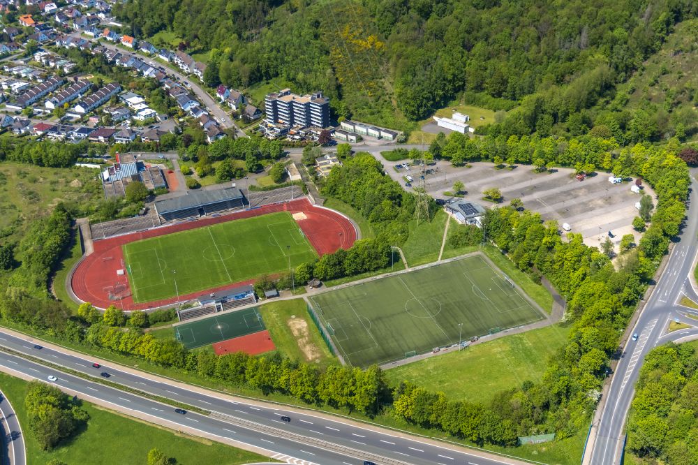 Aerial photograph Hagen - football stadium Erich-Berlet-Stadion on street Berliner Allee in Hohenlimburg at Ruhrgebiet in the state North Rhine-Westphalia, Germany