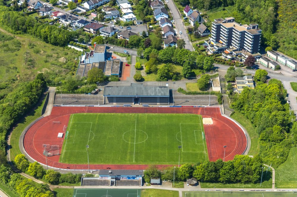 Aerial photograph Hagen - football stadium Erich-Berlet-Stadion on street Berliner Allee in Hohenlimburg at Ruhrgebiet in the state North Rhine-Westphalia, Germany