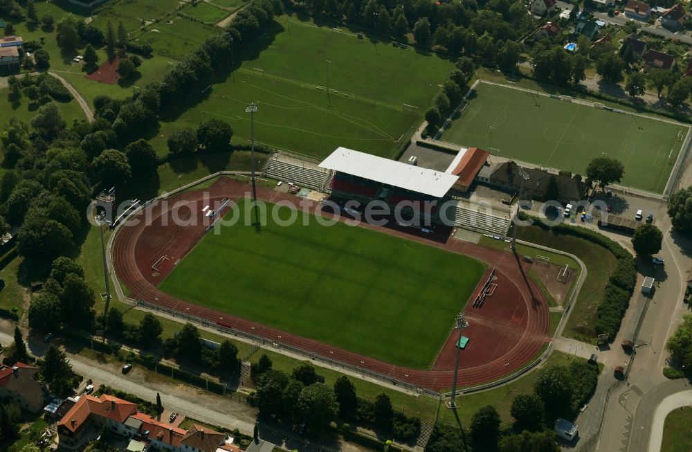 Halberstadt from the bird's eye view: Football stadium Friedenstadion in Halberstadt in the state Saxony-Anhalt, Germany