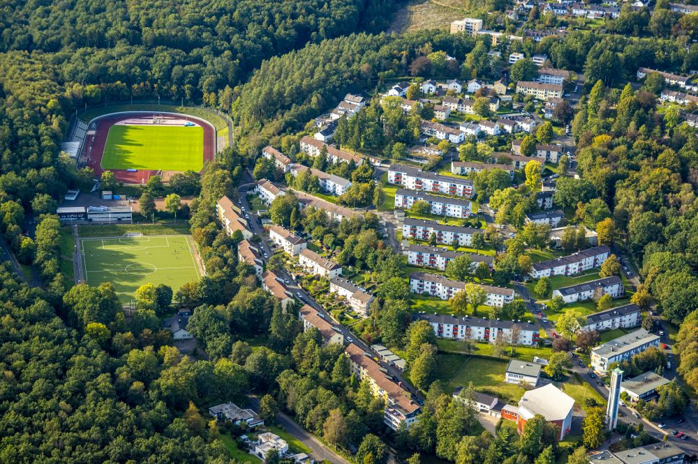 Aerial photograph Siegen - Football stadium Hofbachstadion on Kiefernweg in the district Geisweid in Siegen at Siegerland in the state North Rhine-Westphalia, Germany