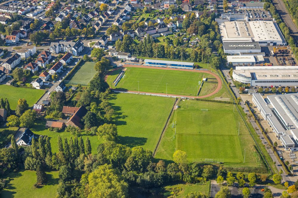 Aerial image Holzwickede - Football stadium of Montanhydraulik Stadion on Montanhydraulikstrasse in the district Massener Heide in Holzwickede in the state North Rhine-Westphalia, Germany