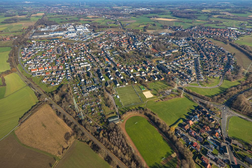 Aerial image Bork - Football stadium PSV Bork Stadion on street Bassenwinkel in Bork in the state North Rhine-Westphalia, Germany