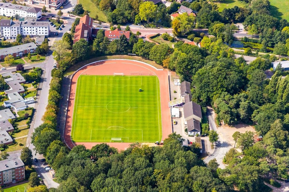 Dinslaken from the bird's eye view: Football stadium Stadion on Freibad in Dinslaken in the state North Rhine-Westphalia, Germany