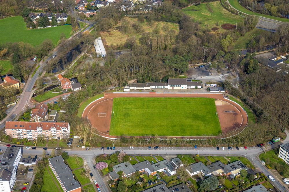 Dinslaken from above - Football stadium Stadion on Freibad in Dinslaken in the state North Rhine-Westphalia, Germany