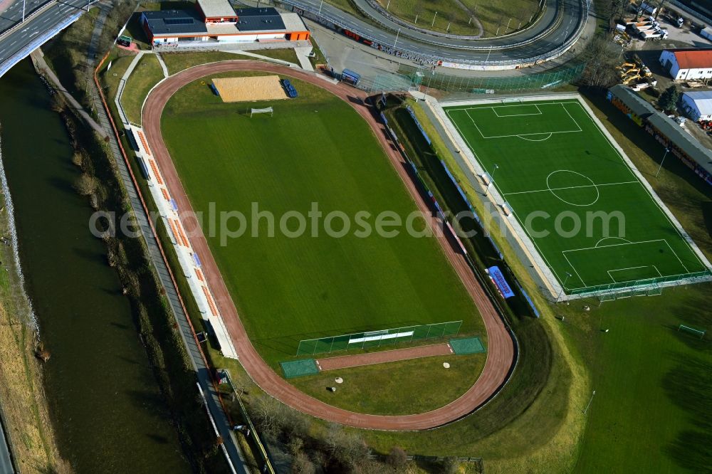 Gera from the bird's eye view: Football stadium Stadion on Steg in Gera in the state Thuringia, Germany
